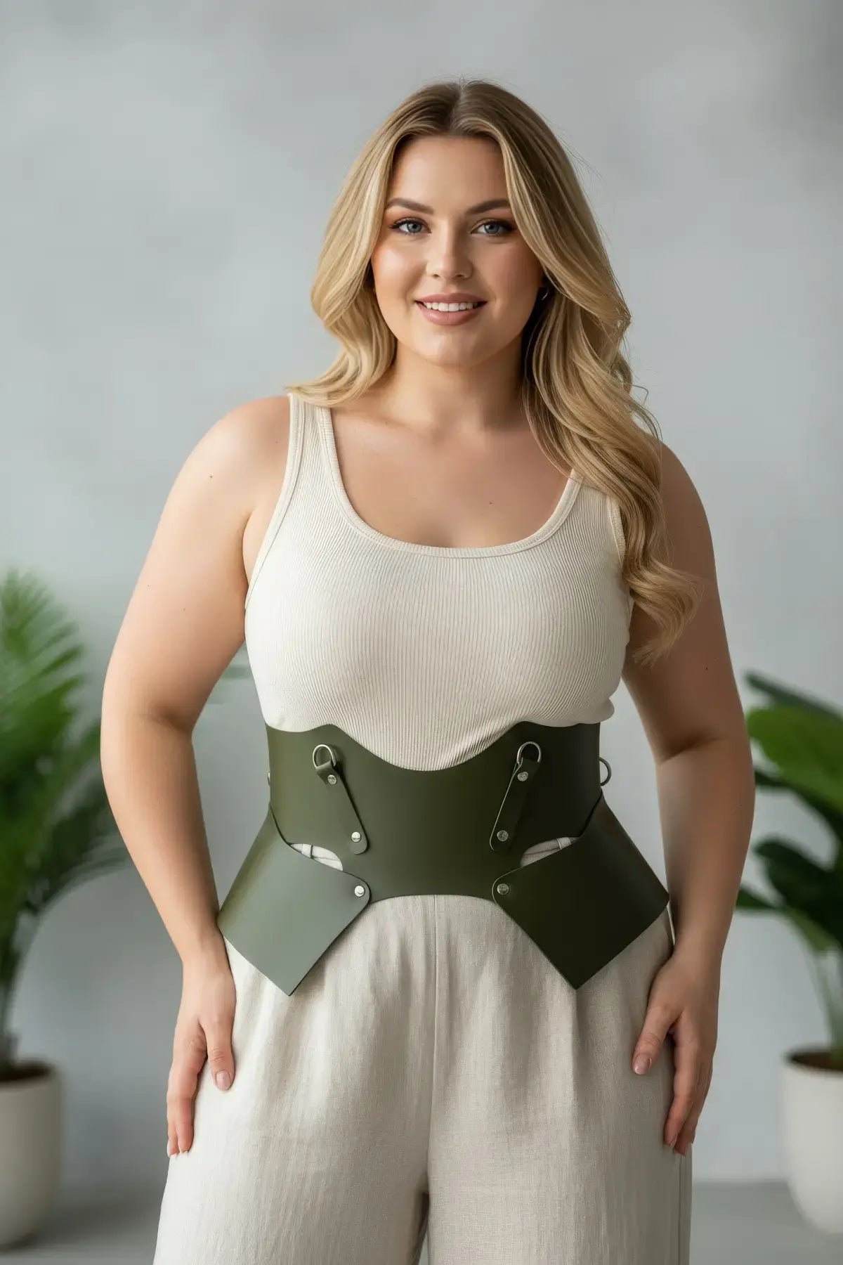Plus-size khaki vegan-leather lace-up corset belt worn over a cream dress by HarnessClub