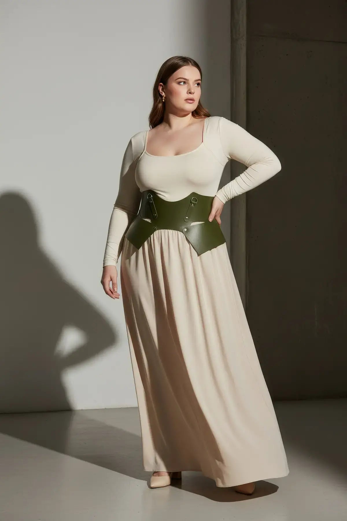 HarnessClub plus-size khaki lace-up corset belt, vegan leather structured waist harness.