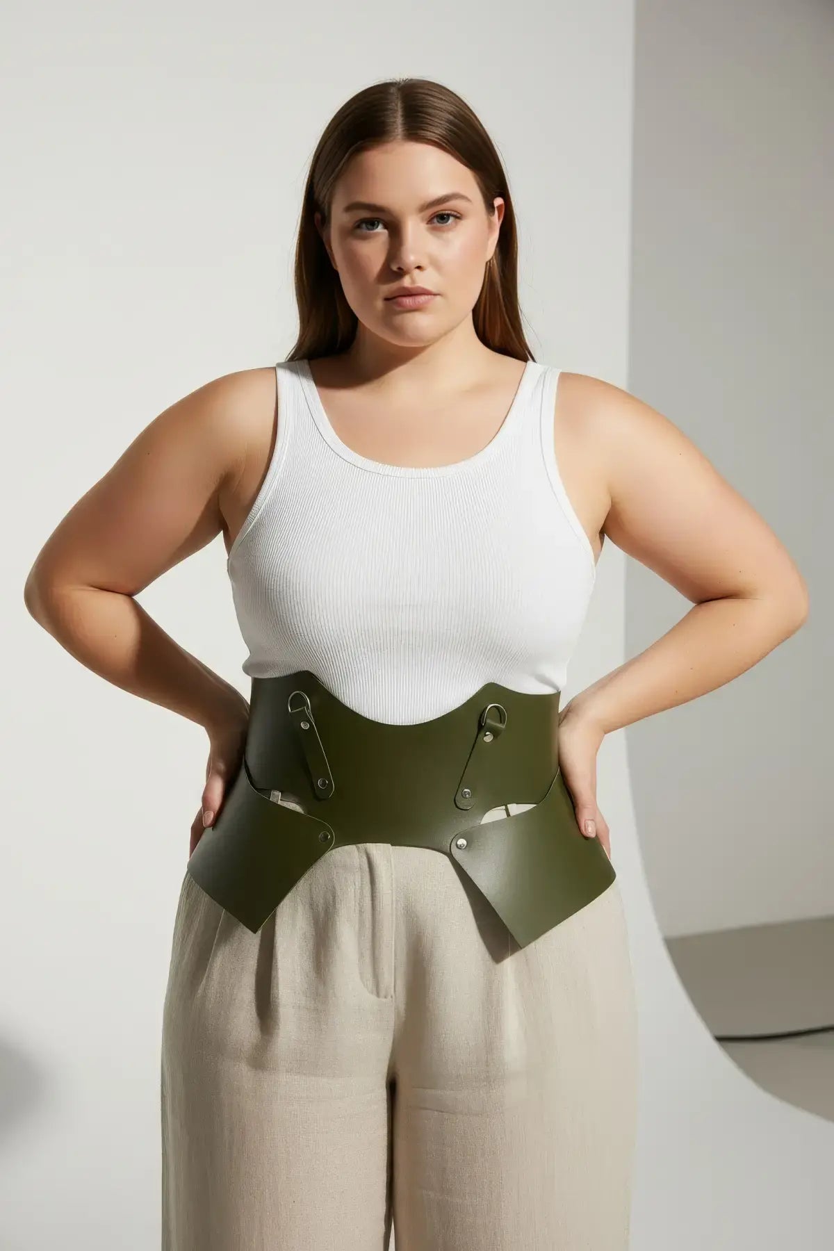 Plus-size khaki lace-up corset belt in vegan leather, HarnessClub structured waist harness