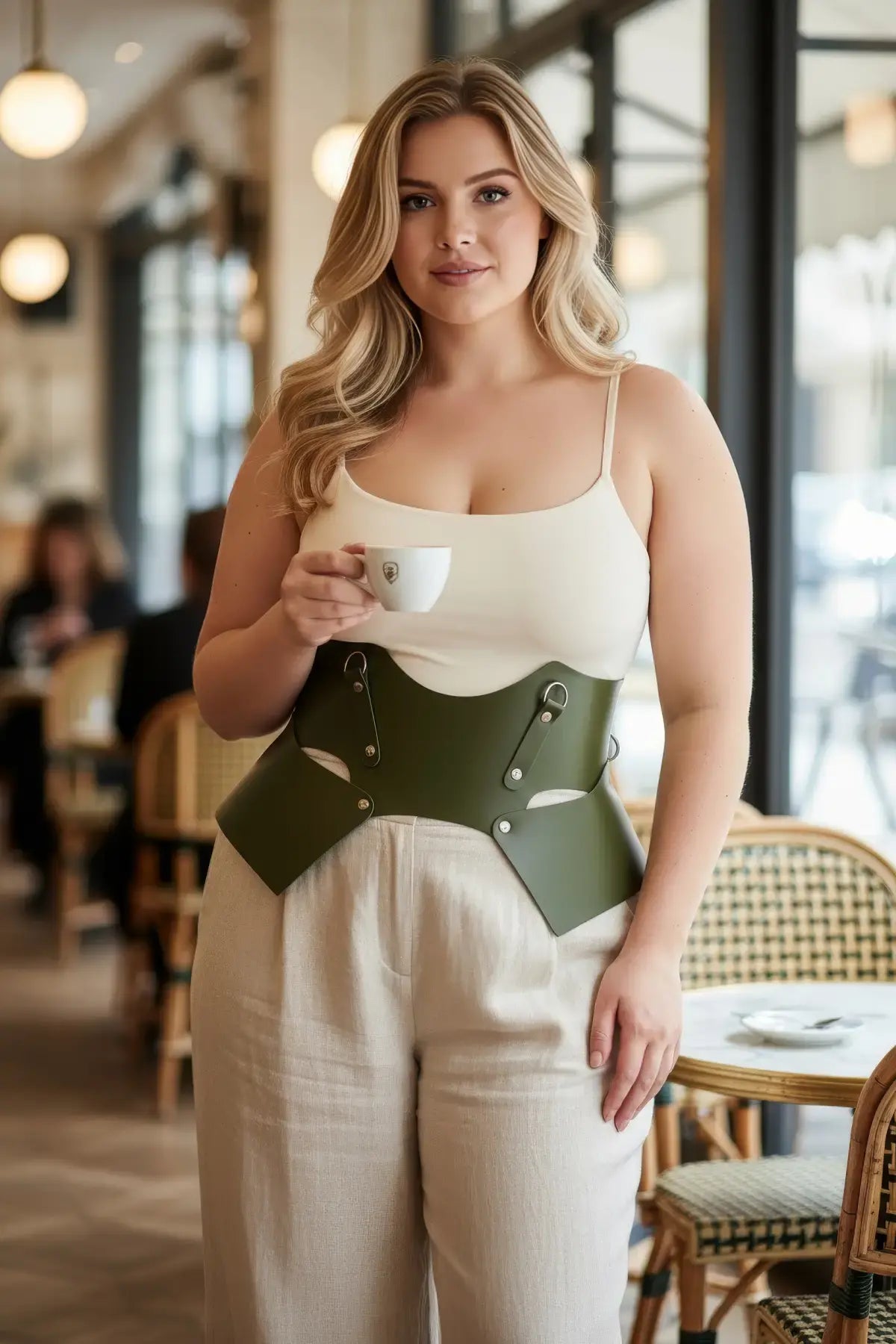 Plus-size khaki vegan-leather lace-up corset belt worn at the waist