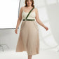 HarnessClub plus-size khaki leather body belt with chain detail worn diagonally across the torso.