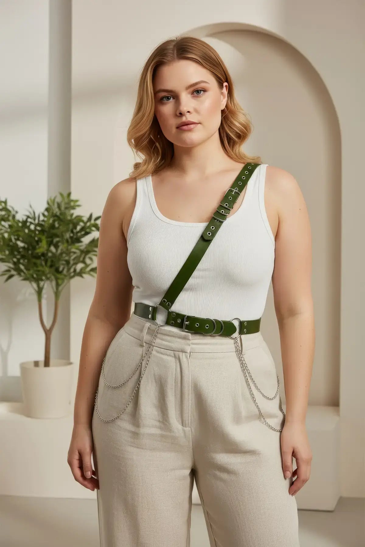 Plus Size Khaki Leather Body Belt with Chain Detail worn crossbody across chest