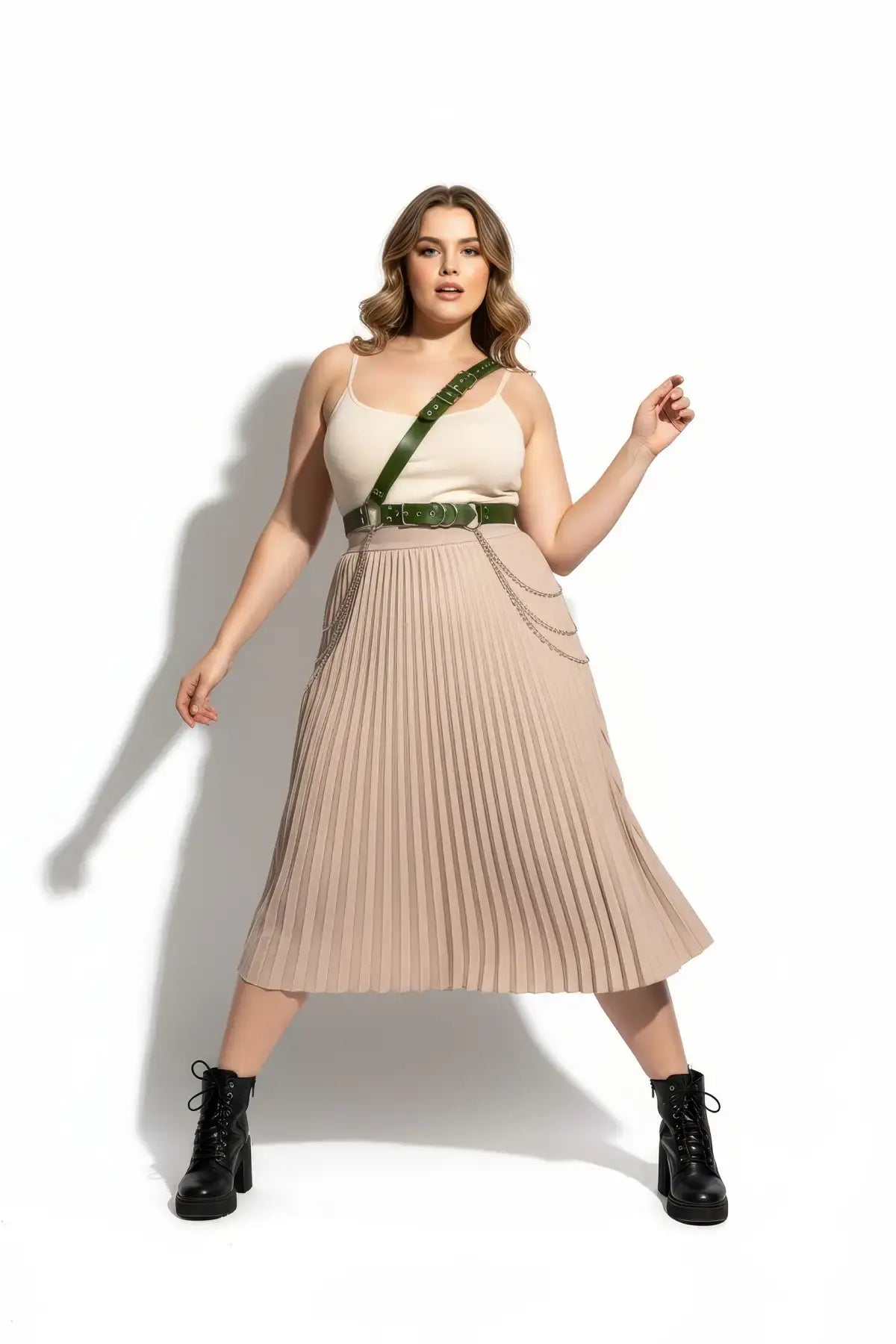 Plus-size khaki leather body belt with chain detail by HarnessClub
