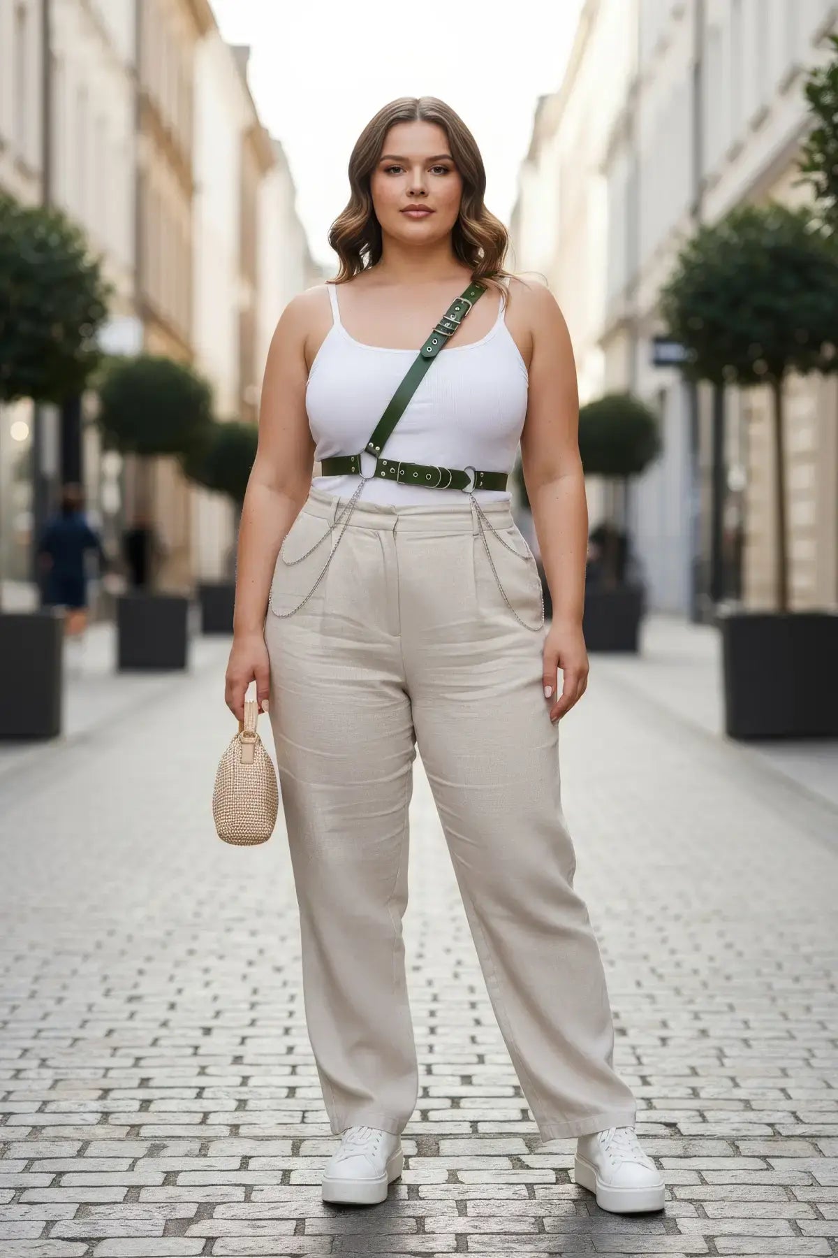 Plus-size khaki leather body belt with chain detail worn at the waist by a model on a city street.