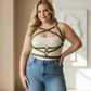 Plus Size Khaki Over-Dress Leather Body Accessory with crisscross straps worn over a white top