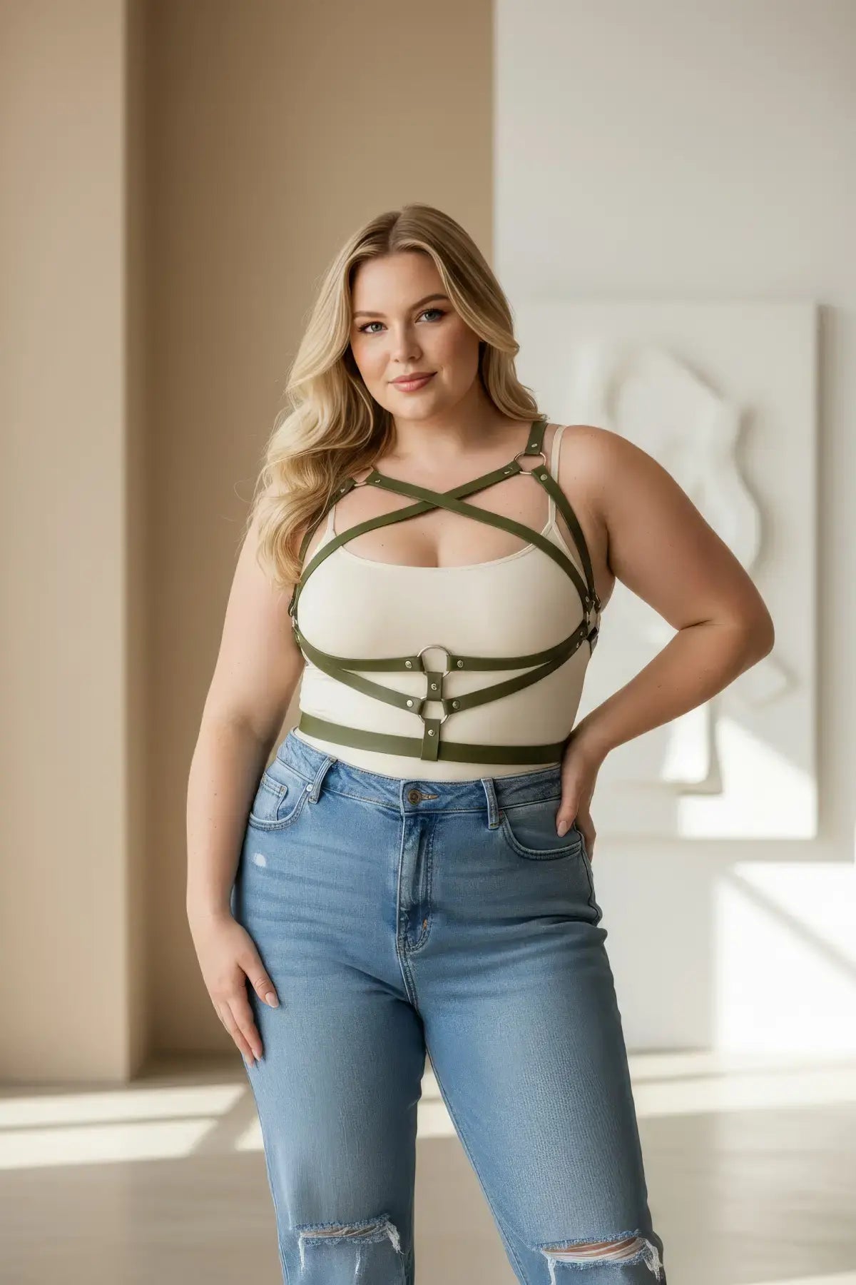 Plus Size Khaki Over-Dress Leather Body Accessory with crisscross straps worn over a white top