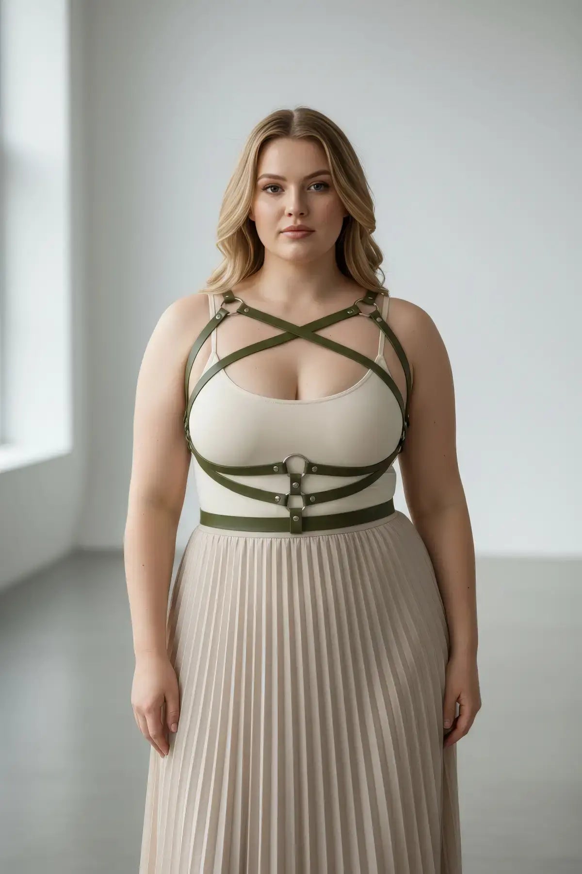 Plus-size khaki leather body harness over beige tank top with waist belt, HarnessClub