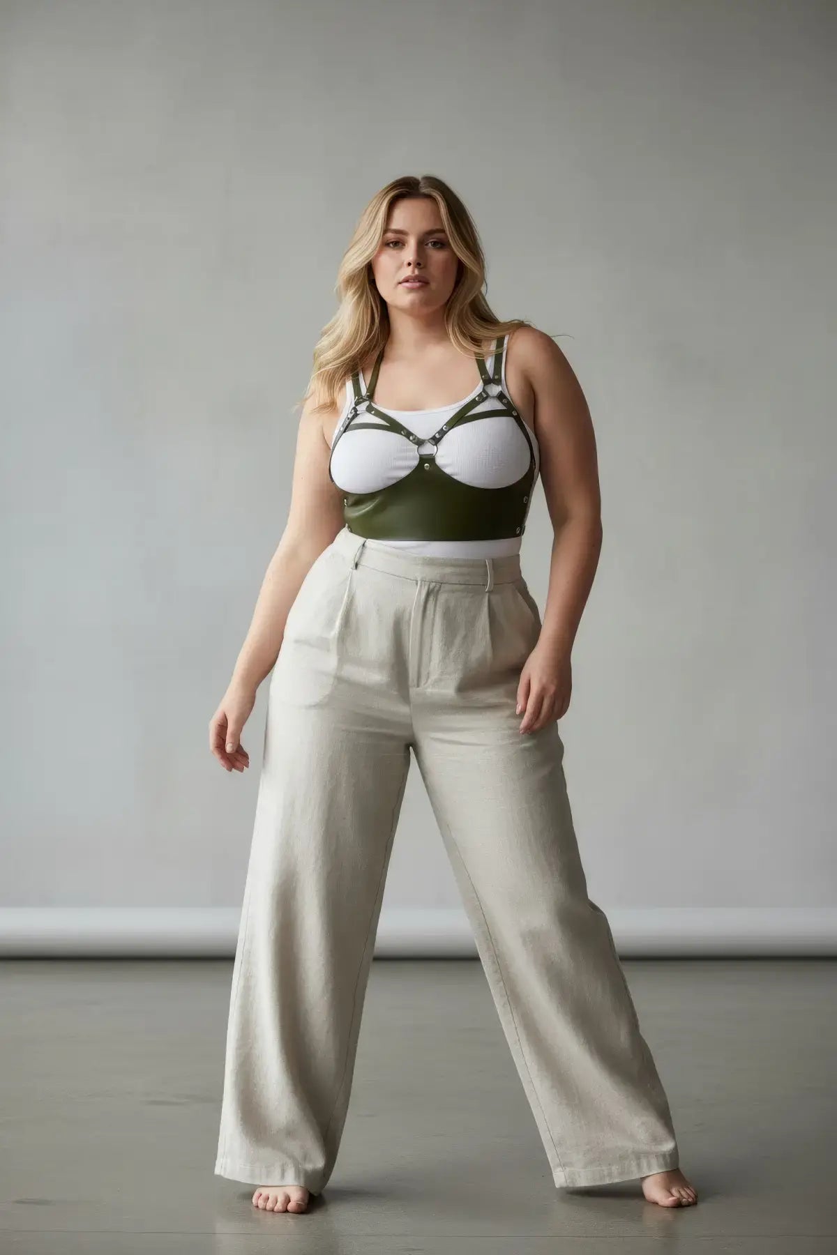 Plus Size Khaki Rivet-Detail Leather Harness Body Sash by HarnessClub