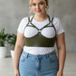 Plus Size Khaki Rivet-Detail Leather Harness Body Sash over white tee