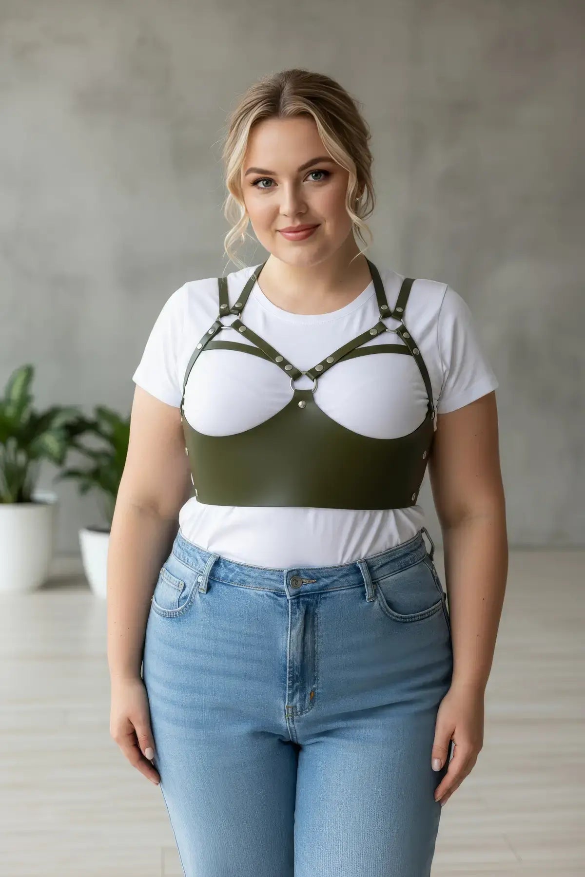 Plus Size Khaki Rivet-Detail Leather Harness Body Sash over white tee