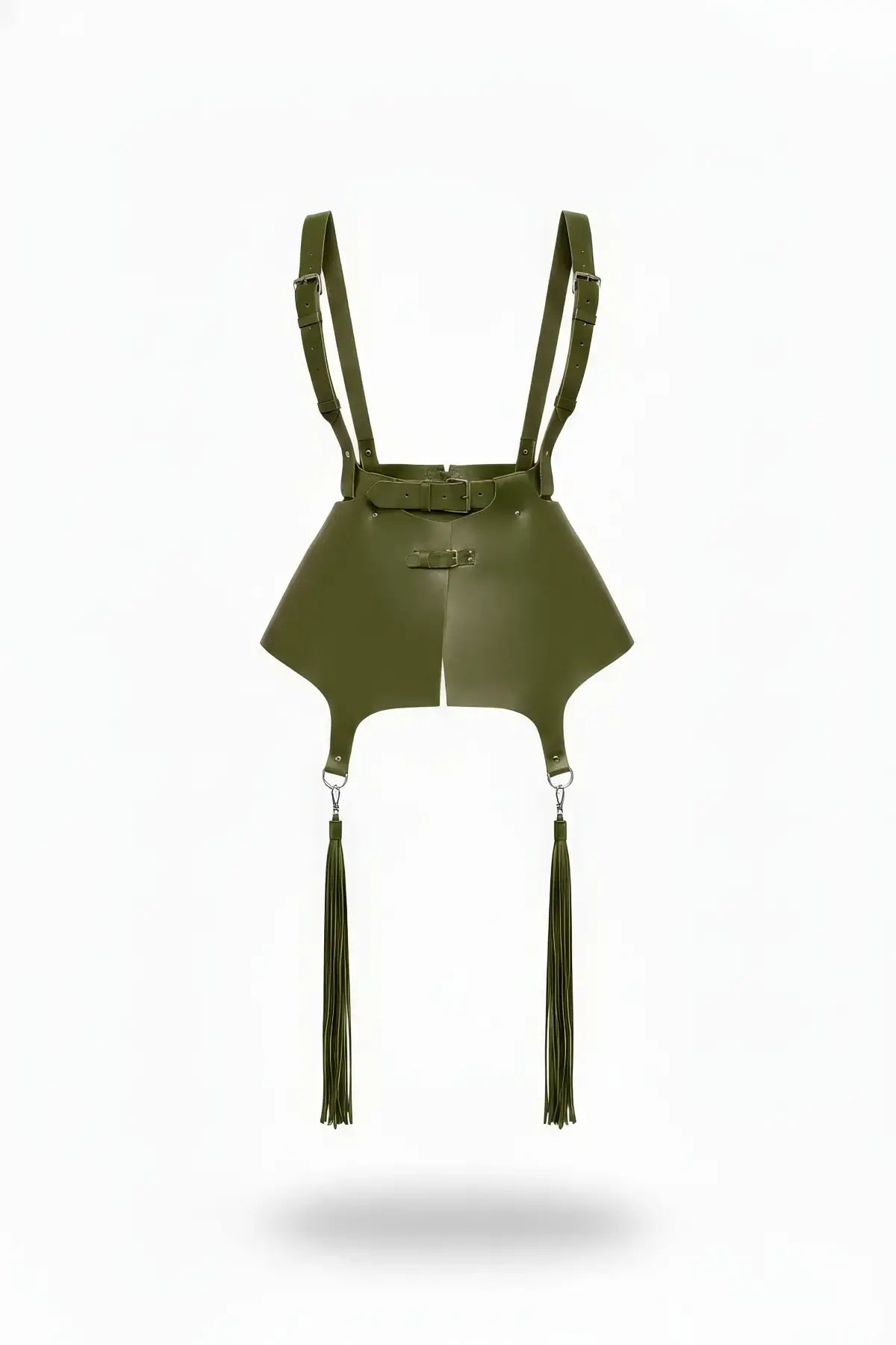 Plus Size olive vegan leather shoulder-strap apron skirt with tassel drops