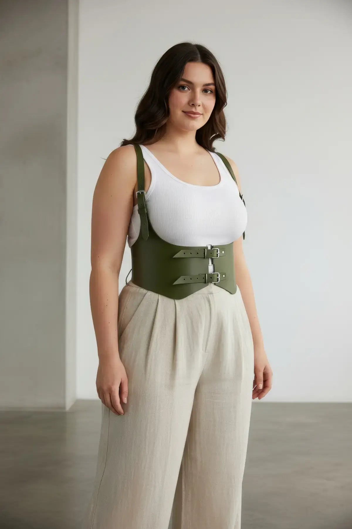 Plus Size Khaki Shoulder Strap Corset Vest with vegan leather double-buckle waist harness on model