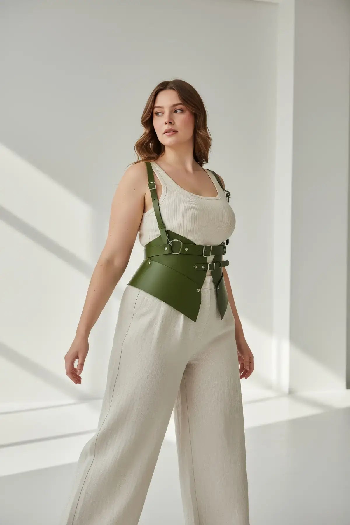 Plus-size khaki vegan-leather shoulder-harness vest with peplum waist cincher by HarnessClub