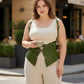 Plus-size khaki vegan leather harness vest with shoulder straps and peplum waist cincher