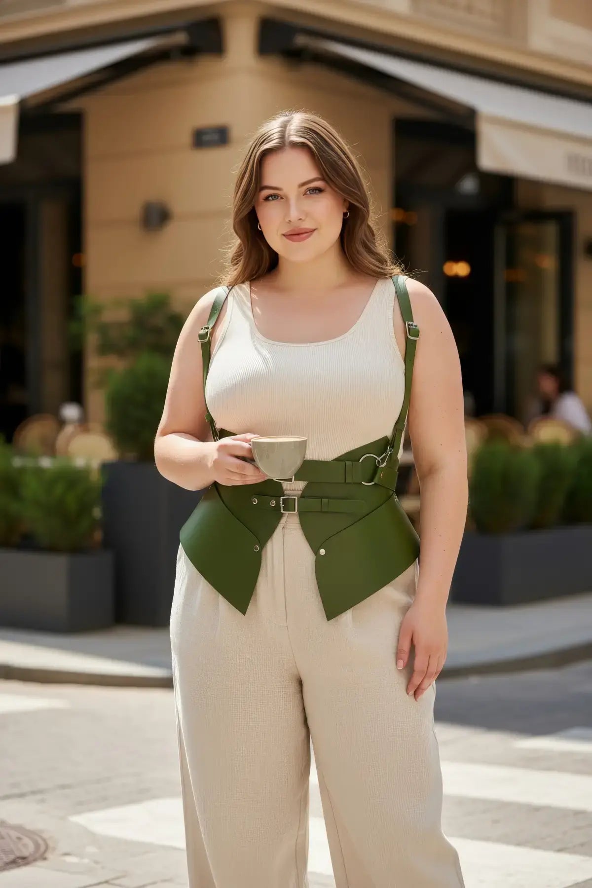 Plus-size khaki vegan leather harness vest with shoulder straps and peplum waist cincher