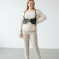 Plus-size khaki vegan-leather corset harness waist piece with shoulder straps by HarnessClub.