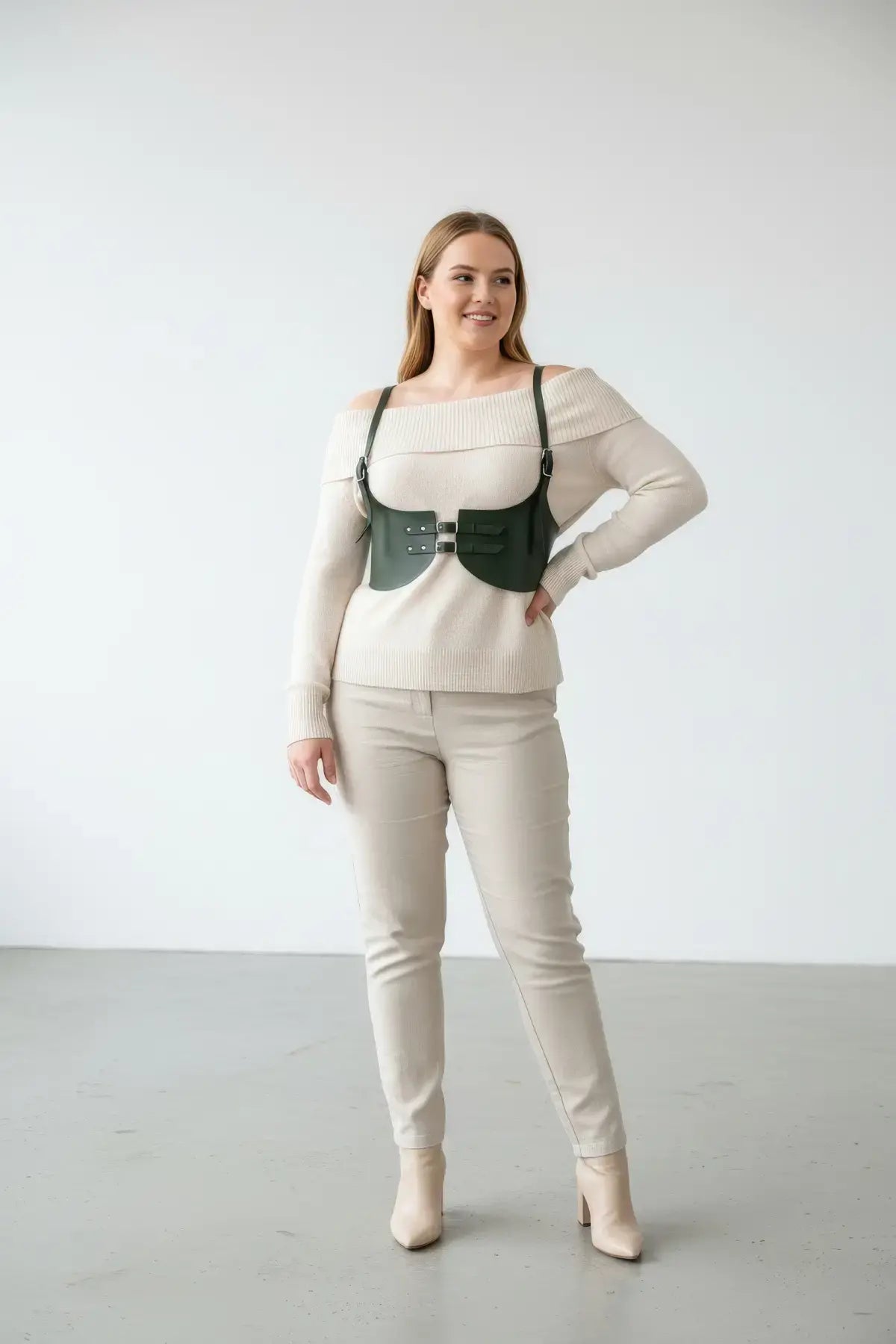 Plus-size khaki vegan-leather corset harness waist piece with shoulder straps by HarnessClub.
