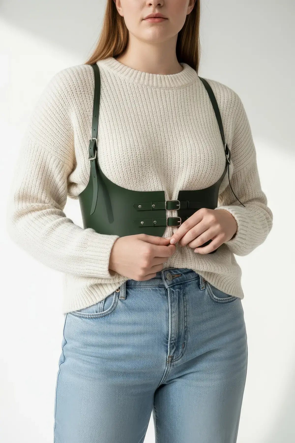 Plus Size Khaki Shoulder-Strap Structured Corset Harness by HarnessClub, vegan leather waist piece.