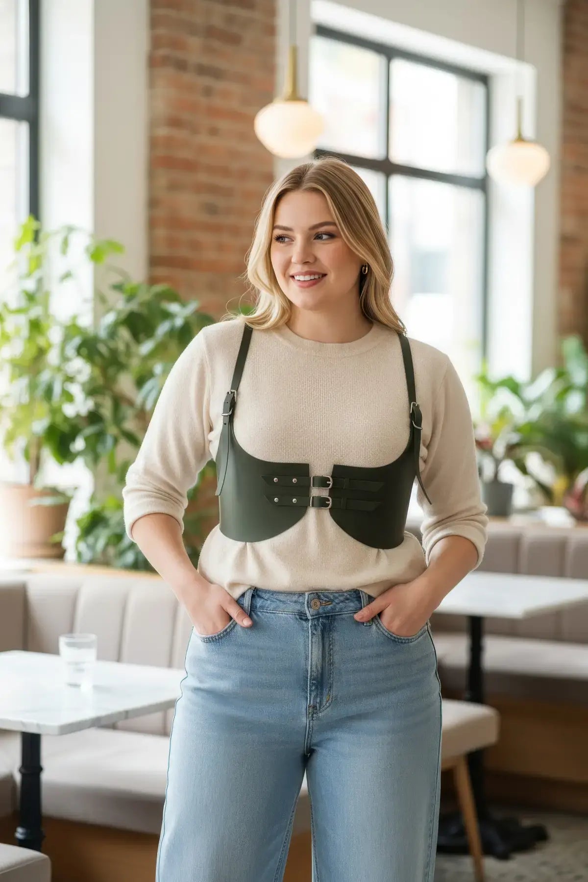 Plus-size khaki vegan-leather corset waist harness with shoulder straps on model