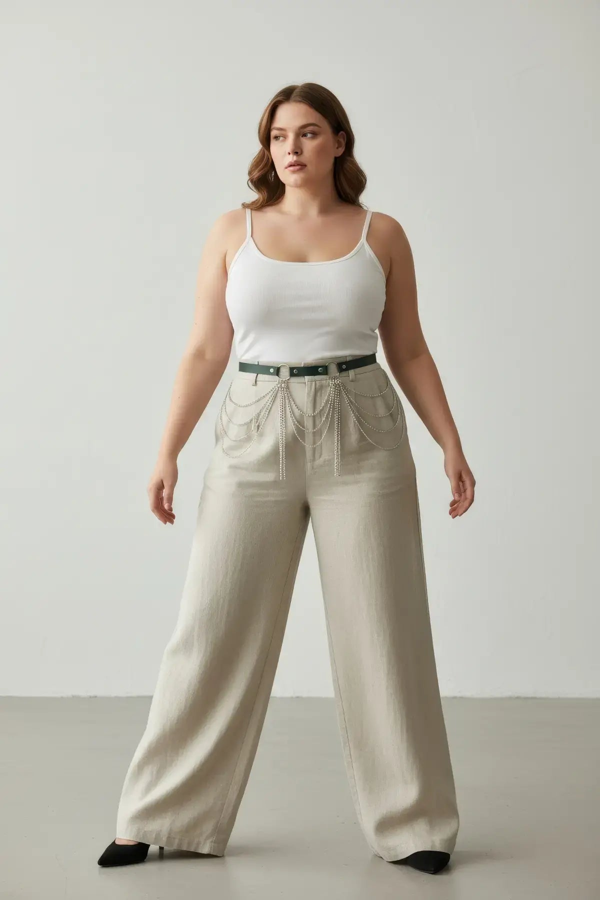 Plus-size khaki vegan-leather belt with cascading silver chains