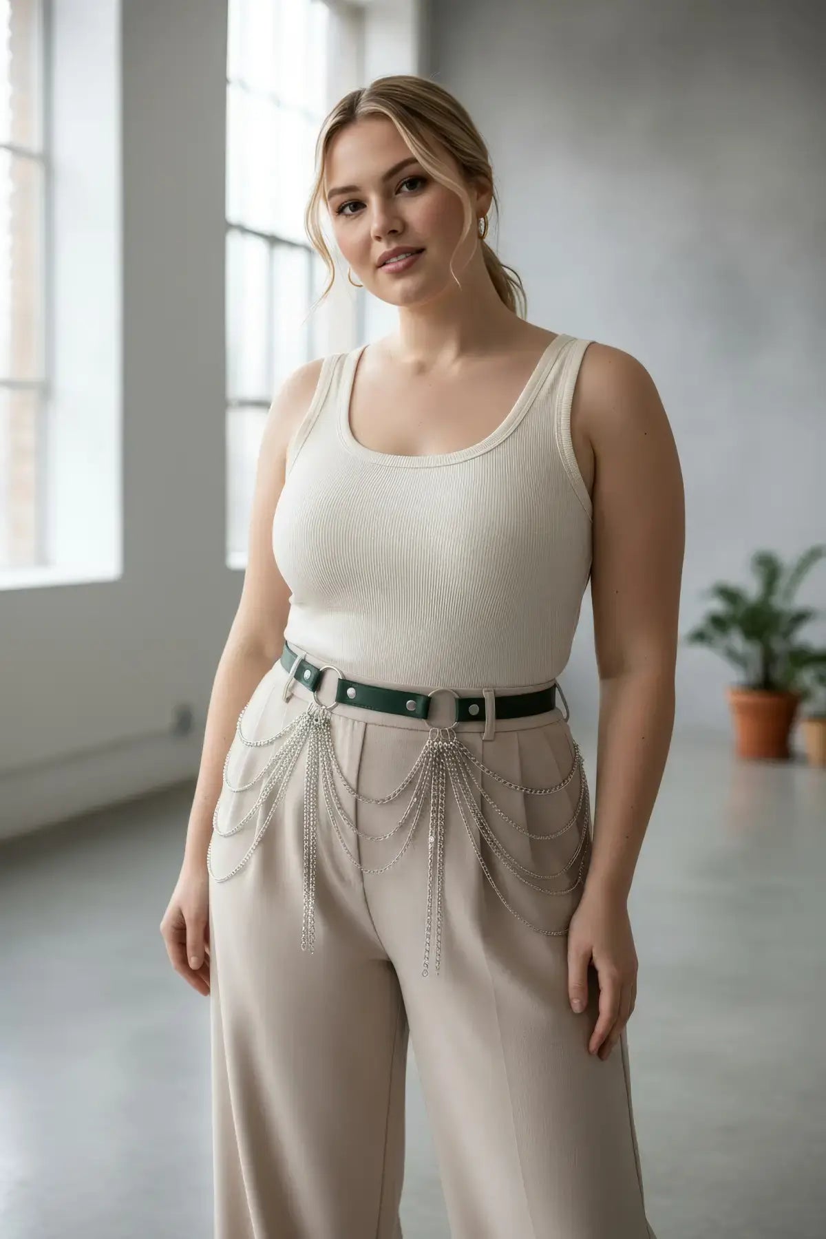 Plus-size green vegan leather belt with cascading silver chain drapes.