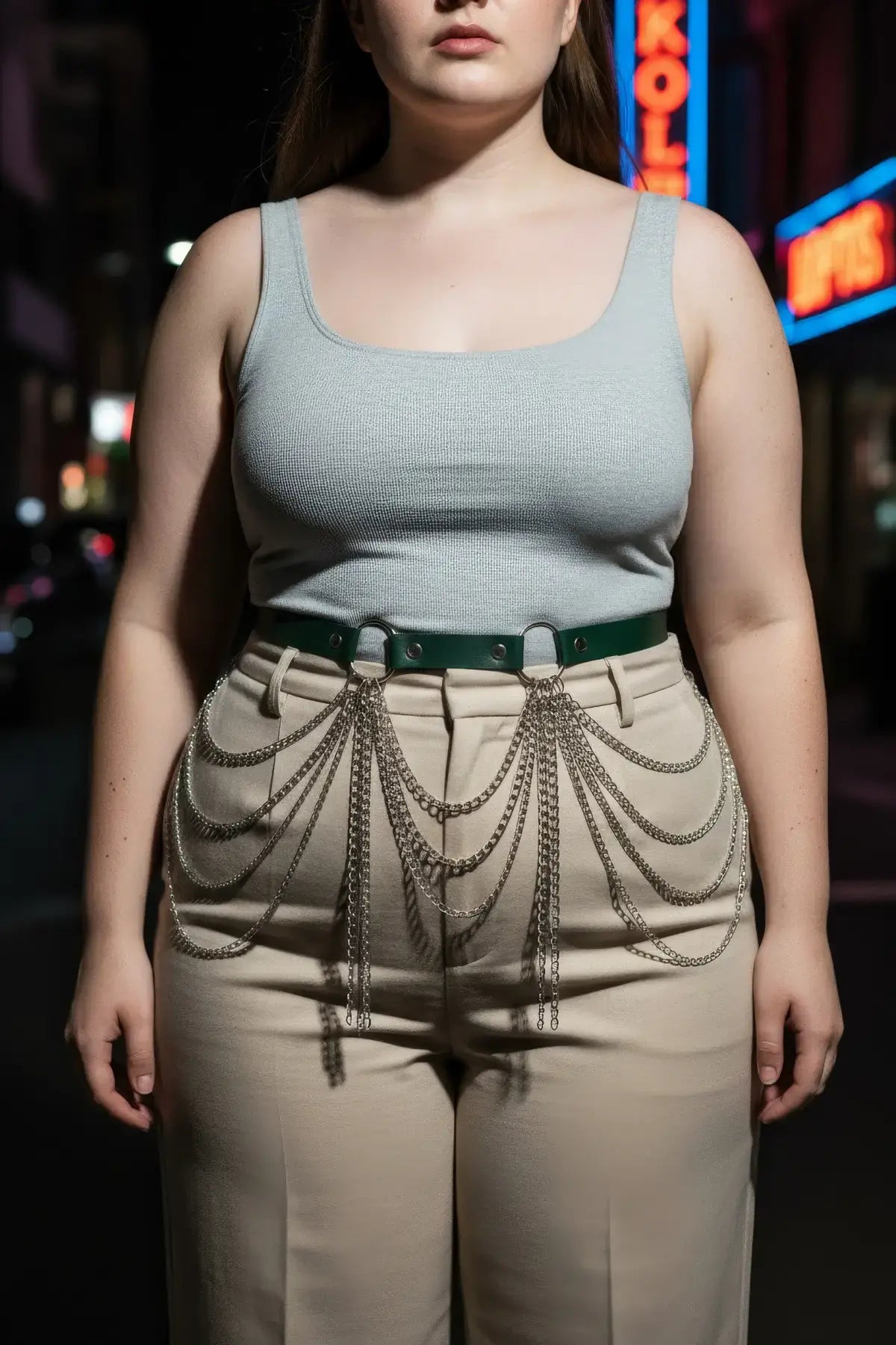 Plus-size khaki vegan-leather slim belt with cascading silver chains worn over beige pants