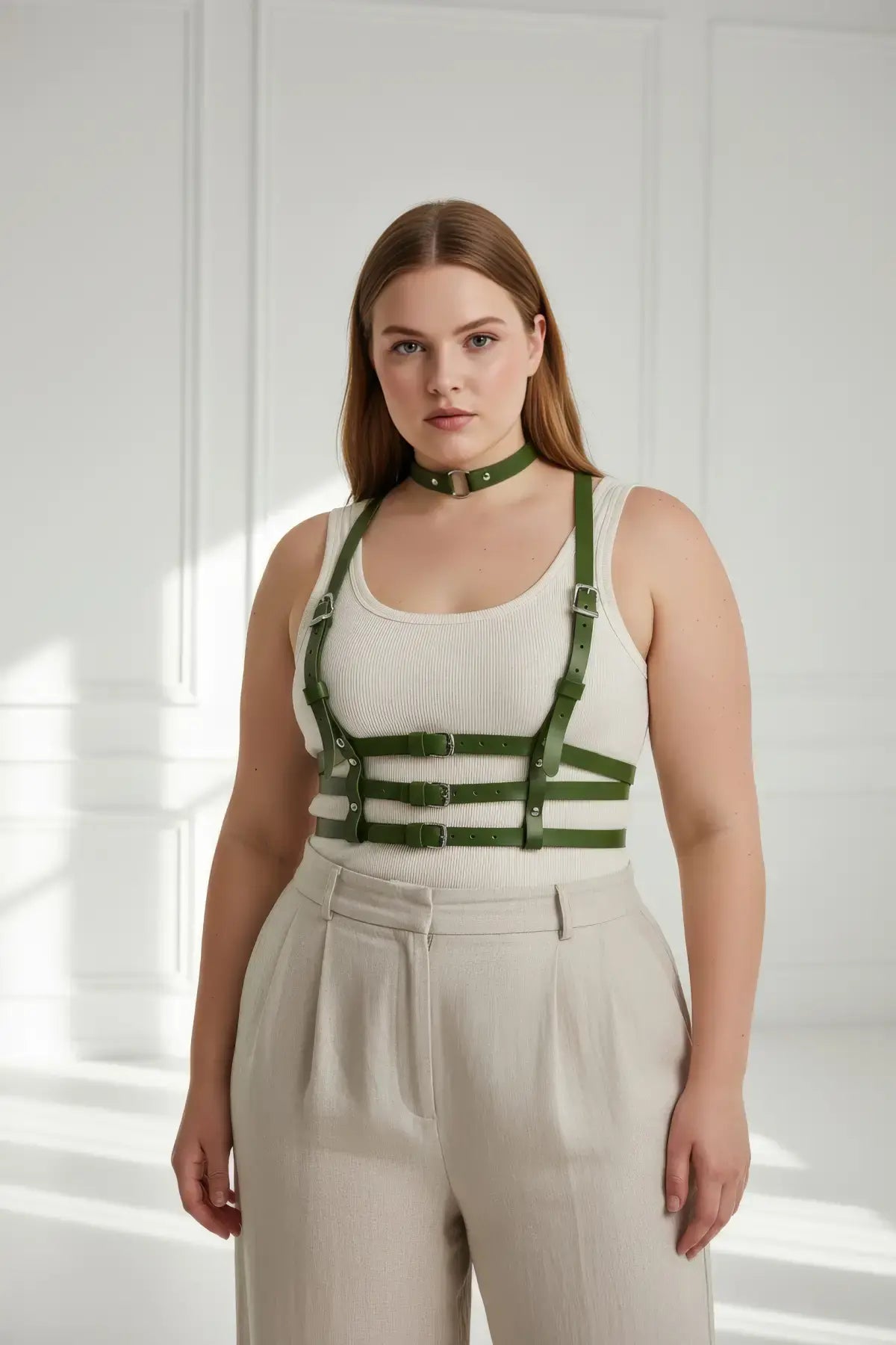 Plus Size Khaki Strappy Body Harness with vegan leather choker and multiple buckle straps