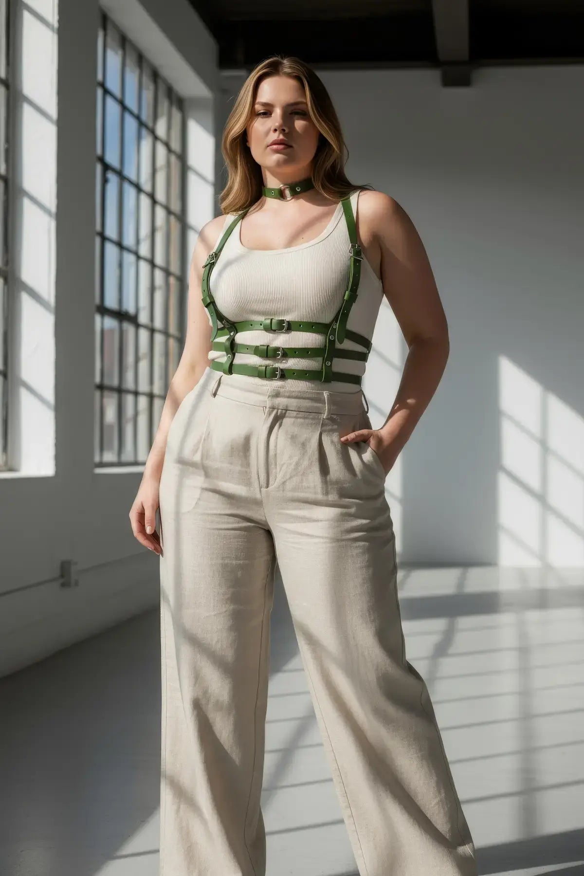 Plus Size Khaki Strappy Body Harness with vegan leather choker and multiple buckles