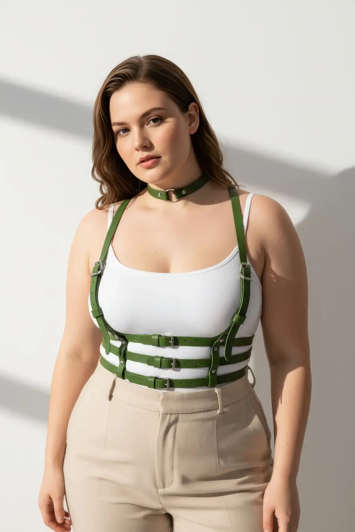 Plus Size khaki green strappy body harness with vegan leather choker and multiple buckles