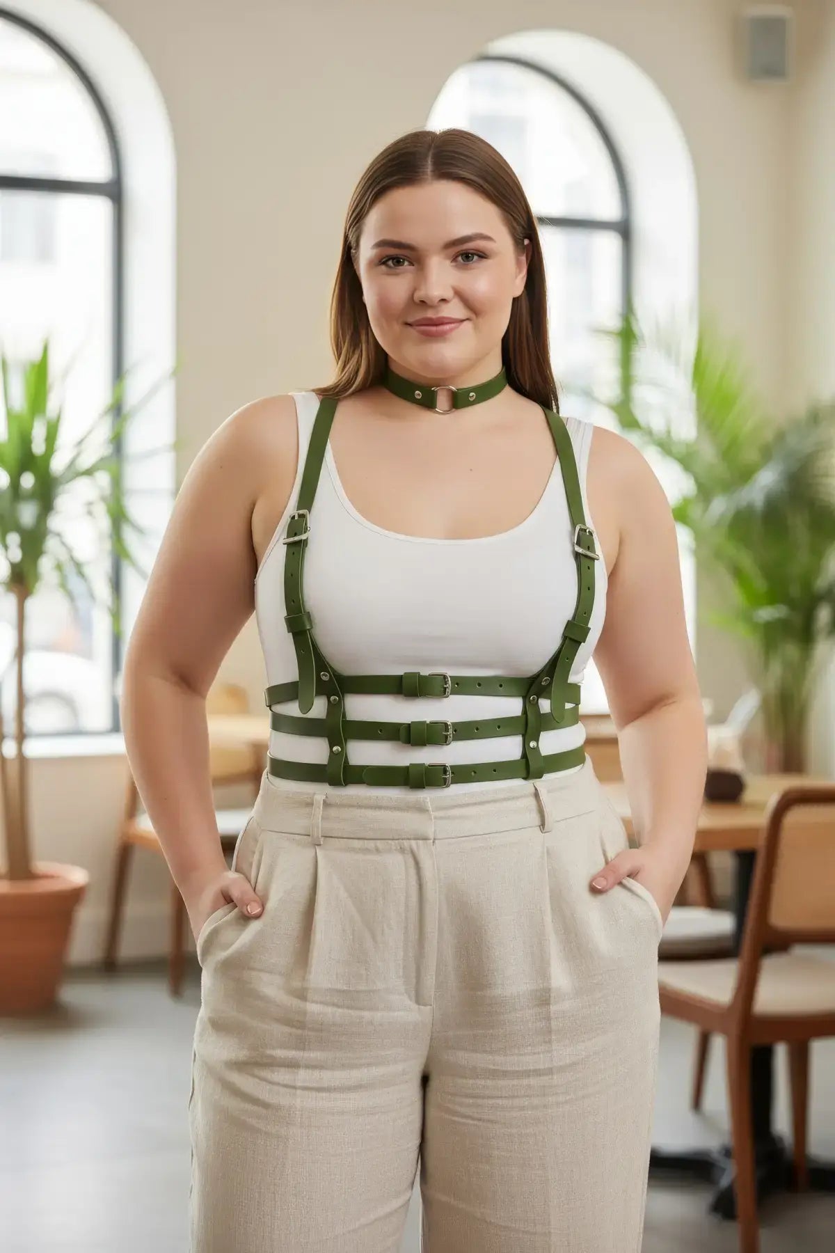Plus-size khaki strappy body harness with vegan leather choker and multi-buckle design