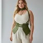 Plus-size khaki vegan leather suspender corset harness with choker and hip flaps by HarnessClub