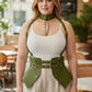 Plus-size khaki vegan-leather suspender corset harness with choker and hip flaps by HarnessClub