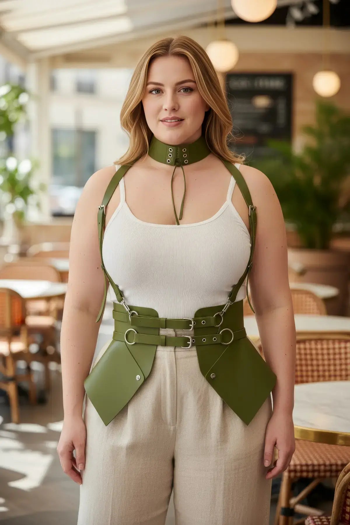 Plus-size khaki vegan-leather suspender corset harness with choker and hip flaps by HarnessClub