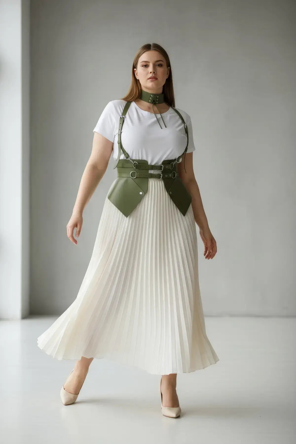 Plus-size khaki vegan-leather suspender corset harness with choker and hip flaps by HarnessClub