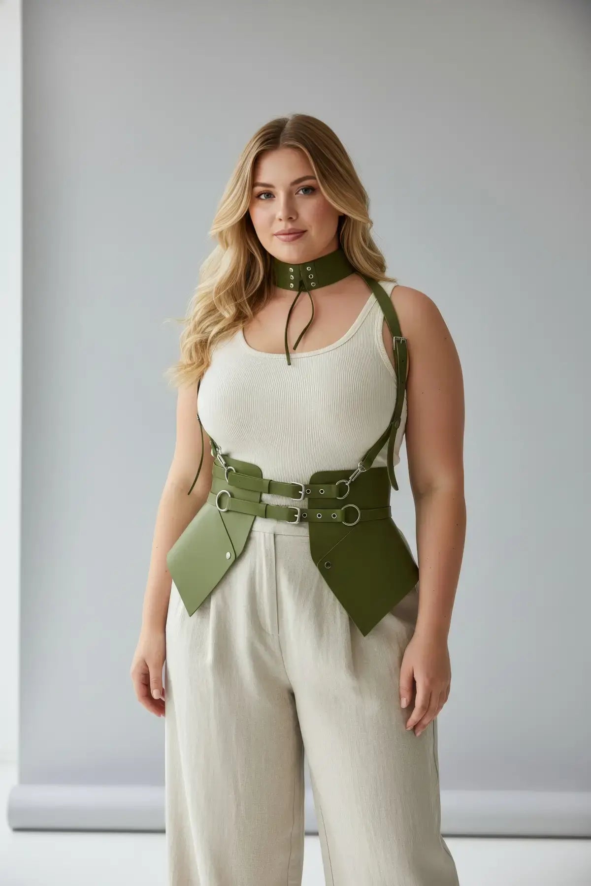 Plus-size khaki vegan leather suspender corset harness with choker and hip flaps by HarnessClub
