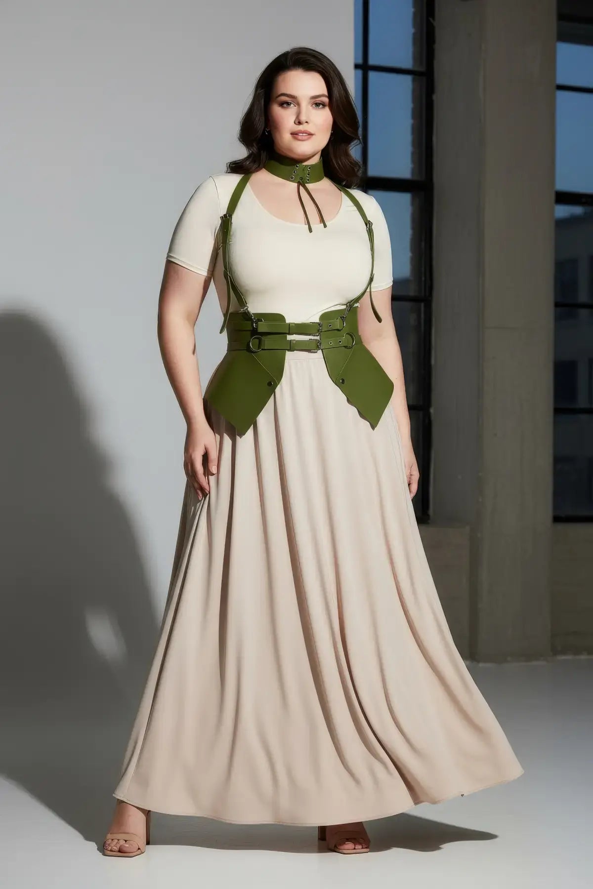 Plus Size Khaki suspender corset harness with choker and hip flaps in olive vegan leather.