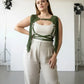 Plus Size Khaki Tasseled Leather Body Accessory by HarnessClub with green fringe straps.