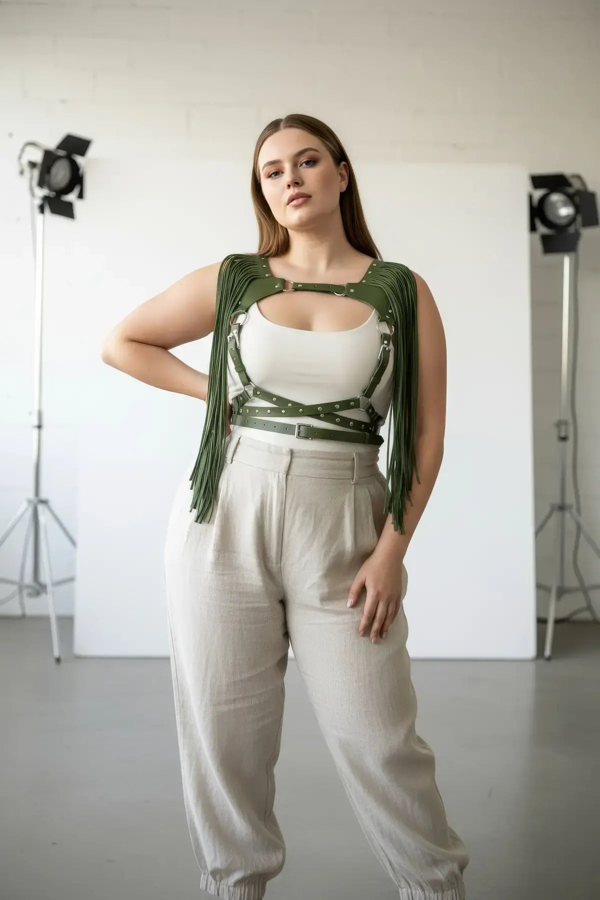 Plus Size Khaki Tasseled Leather Body Accessory by HarnessClub with green fringe straps.