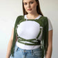 HarnessClub plus-size khaki tasseled leather body harness with fringe shoulder tassels