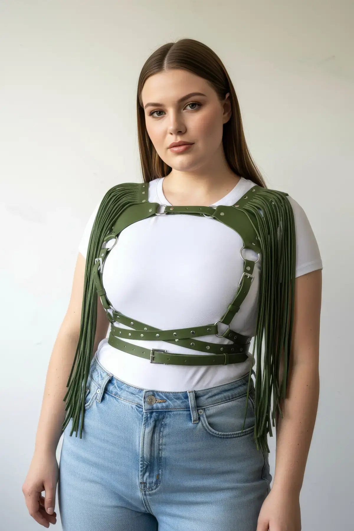 HarnessClub plus-size khaki tasseled leather body harness with fringe shoulder tassels