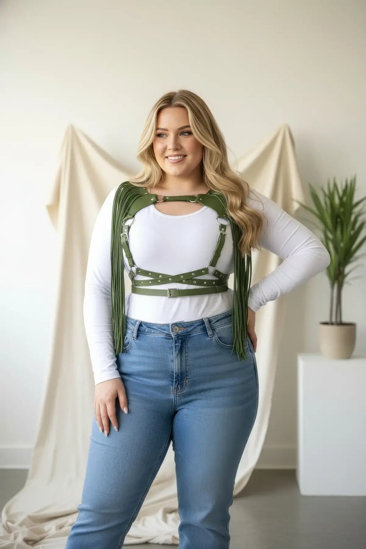 Plus-size khaki leather body accessory with tasseled fringe by HarnessClub