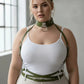 Plus-size khaki leather three-piece harness set with choker, chest harness and waist belt