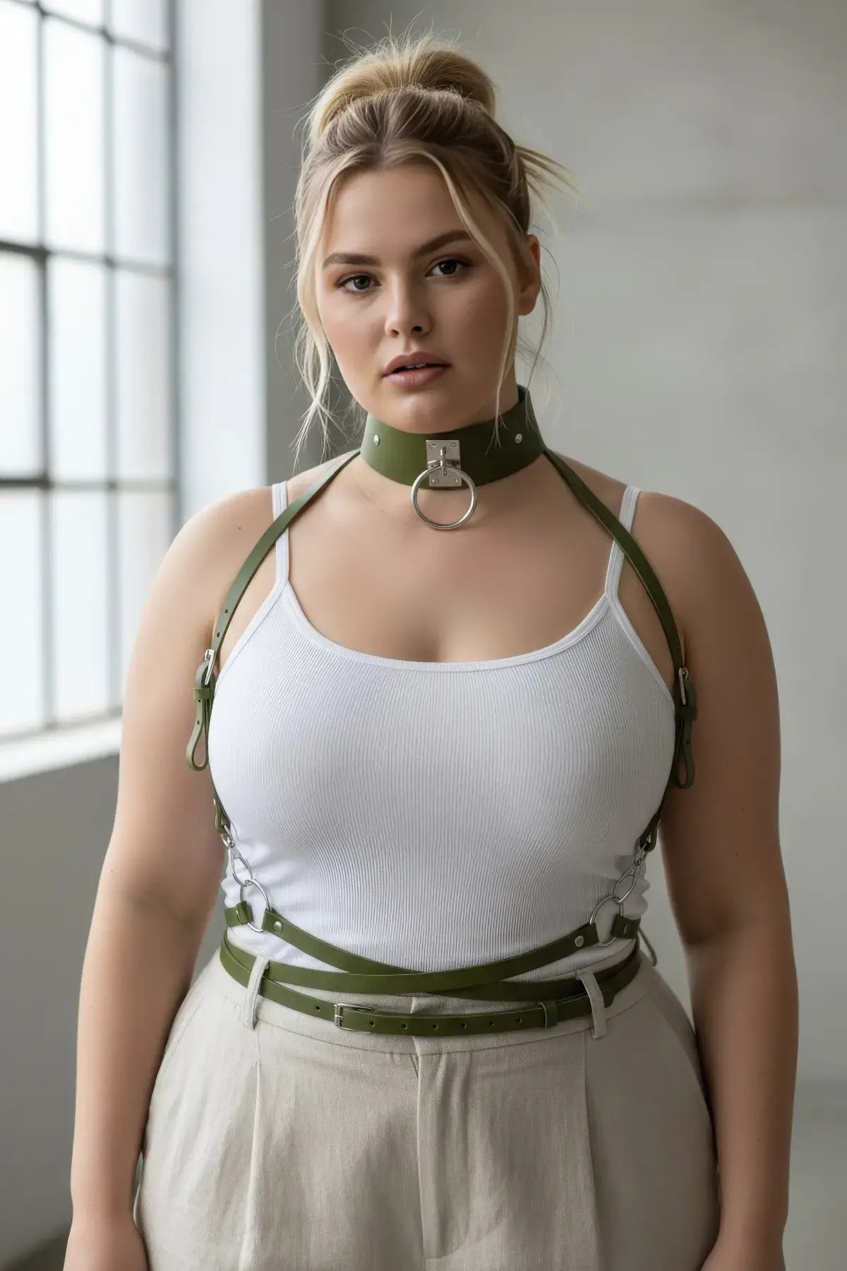 Plus-size khaki leather three-piece harness set with choker, chest harness and waist belt