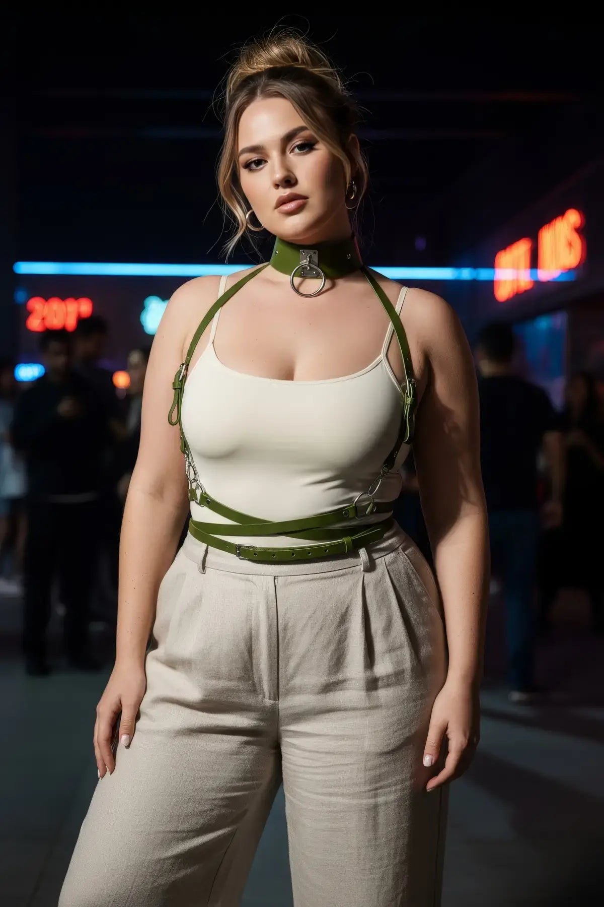 Plus Size Khaki three-piece harness set by HarnessClub: choker, chest harness and waist belt.