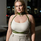 Plus Size Khaki olive leather three-piece harness set with choker, chest harness and waist belt