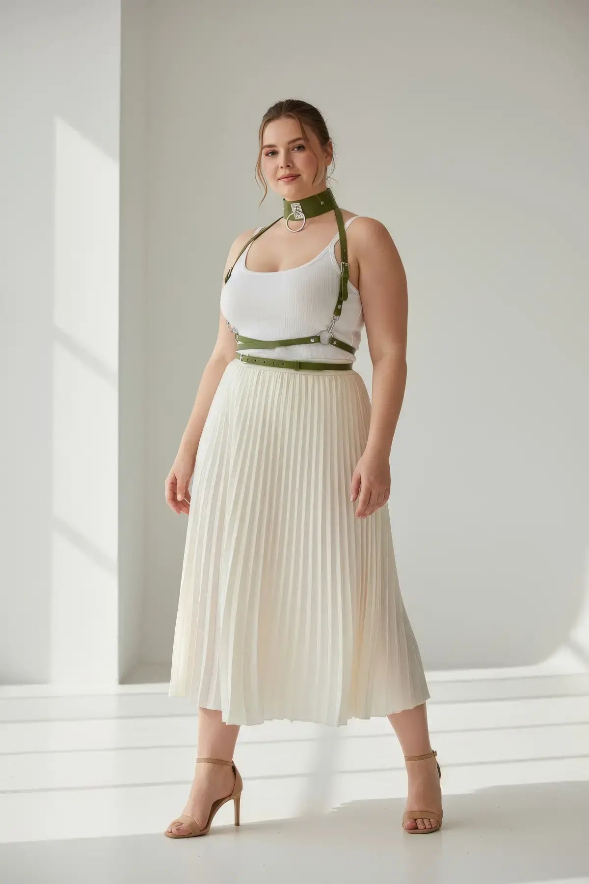 Plus-size khaki olive-green leather three-piece harness set with choker, chest harness, and waist belt by HarnessClub.