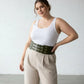 Plus-size khaki three-strap thick corset waist belt worn by a model