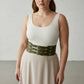 Plus Size khaki three-strap thick corset waist belt by HarnessClub worn over a white tank top.