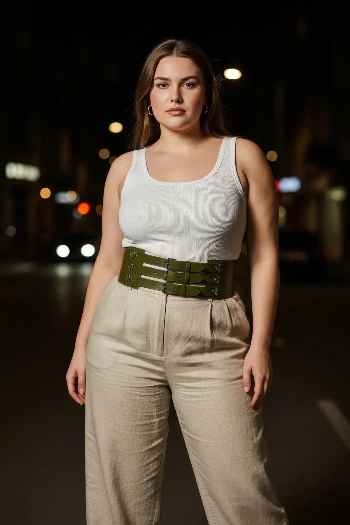Plus-size khaki three-strap thick corset waist belt by HarnessClub