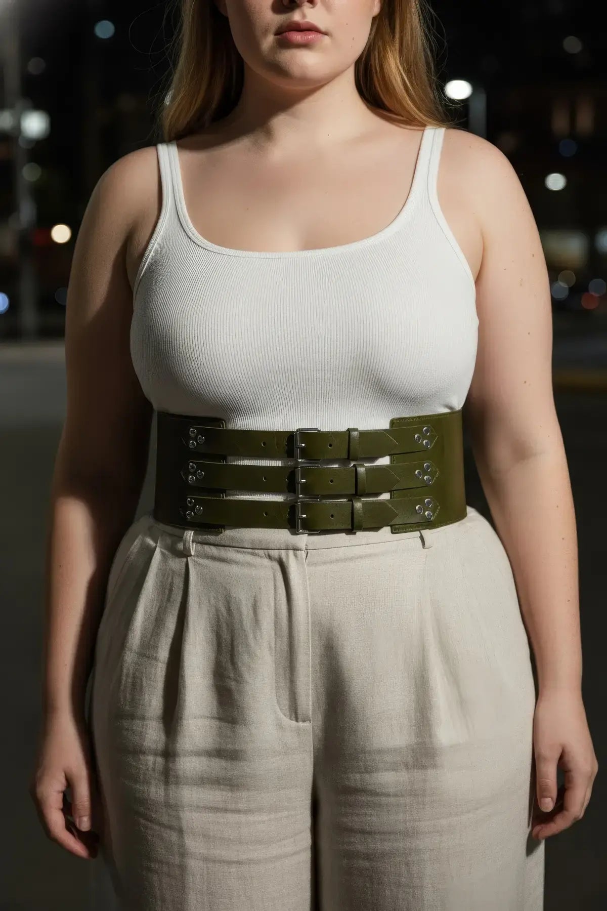 Plus-size khaki three-strap thick corset waist belt with three metal buckles
